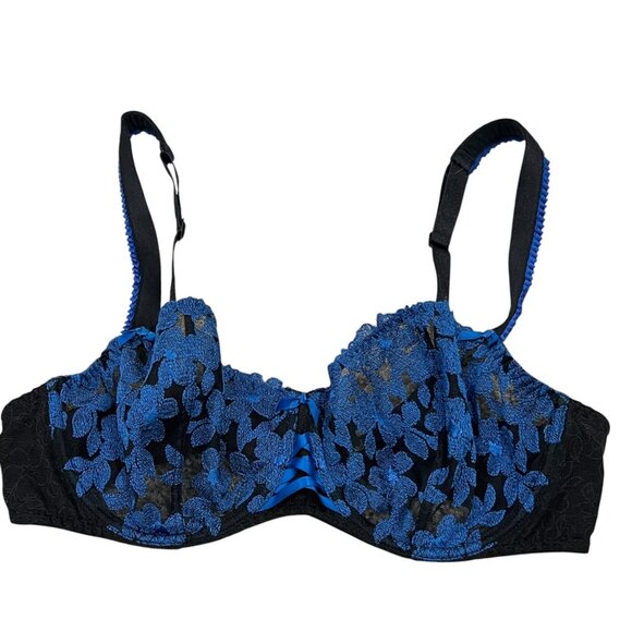 Aubade Blue & Black Floral Lace Underwire Bra With Adjustable Straps Satin 34DD